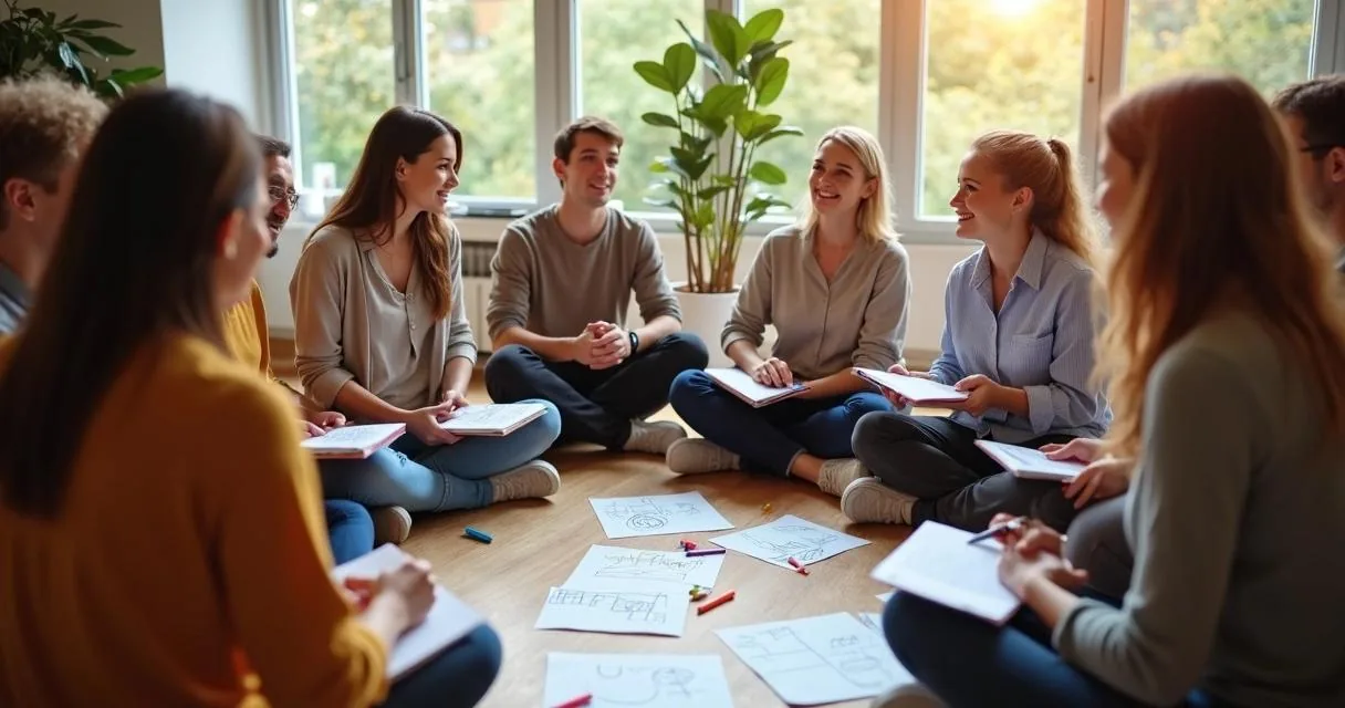 A group of adults sitting in a circle on a wooden floor, notebooks and coloured markers between them, in a bright room.