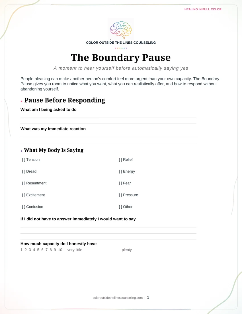 The first page of the The Boundary Pause worksheet