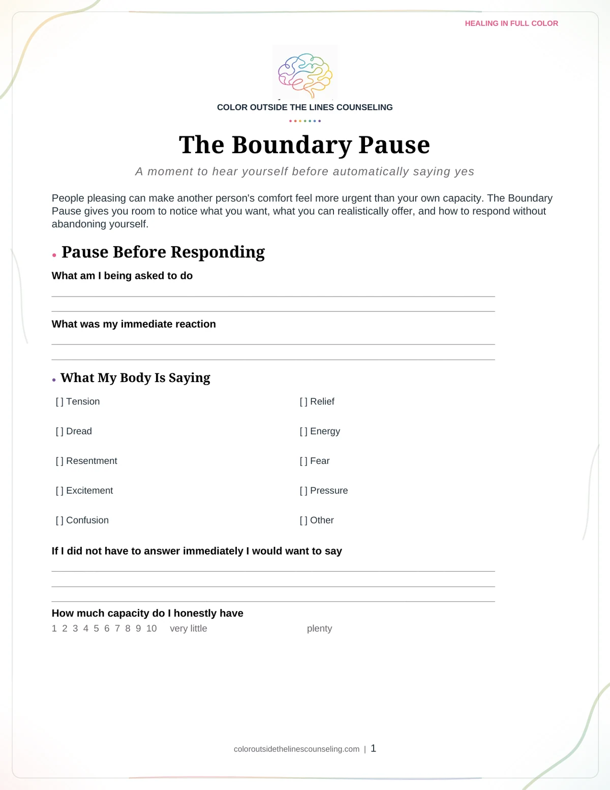 Page one of the The Boundary Pause worksheet, showing the practice name, the title, and the first sections with space to write.