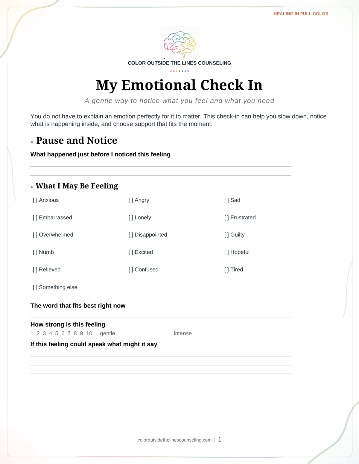 Page one of the My Emotional Check-In worksheet, showing the practice name, the title, and the first sections with space to write.