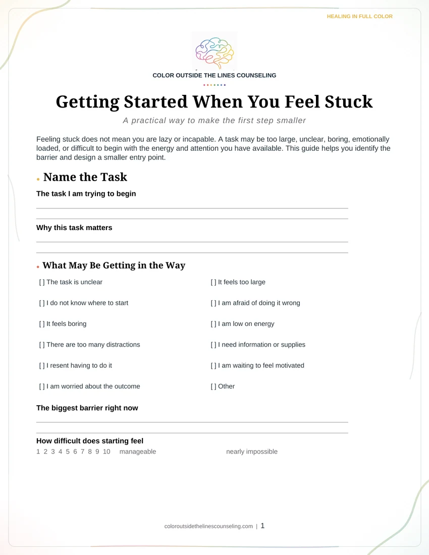 The first page of the Getting Started When You Feel Stuck worksheet