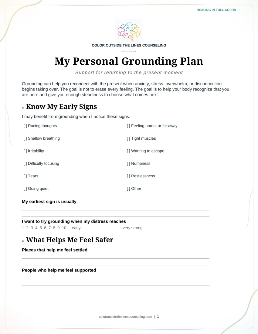 The first page of the My Personal Grounding Plan worksheet