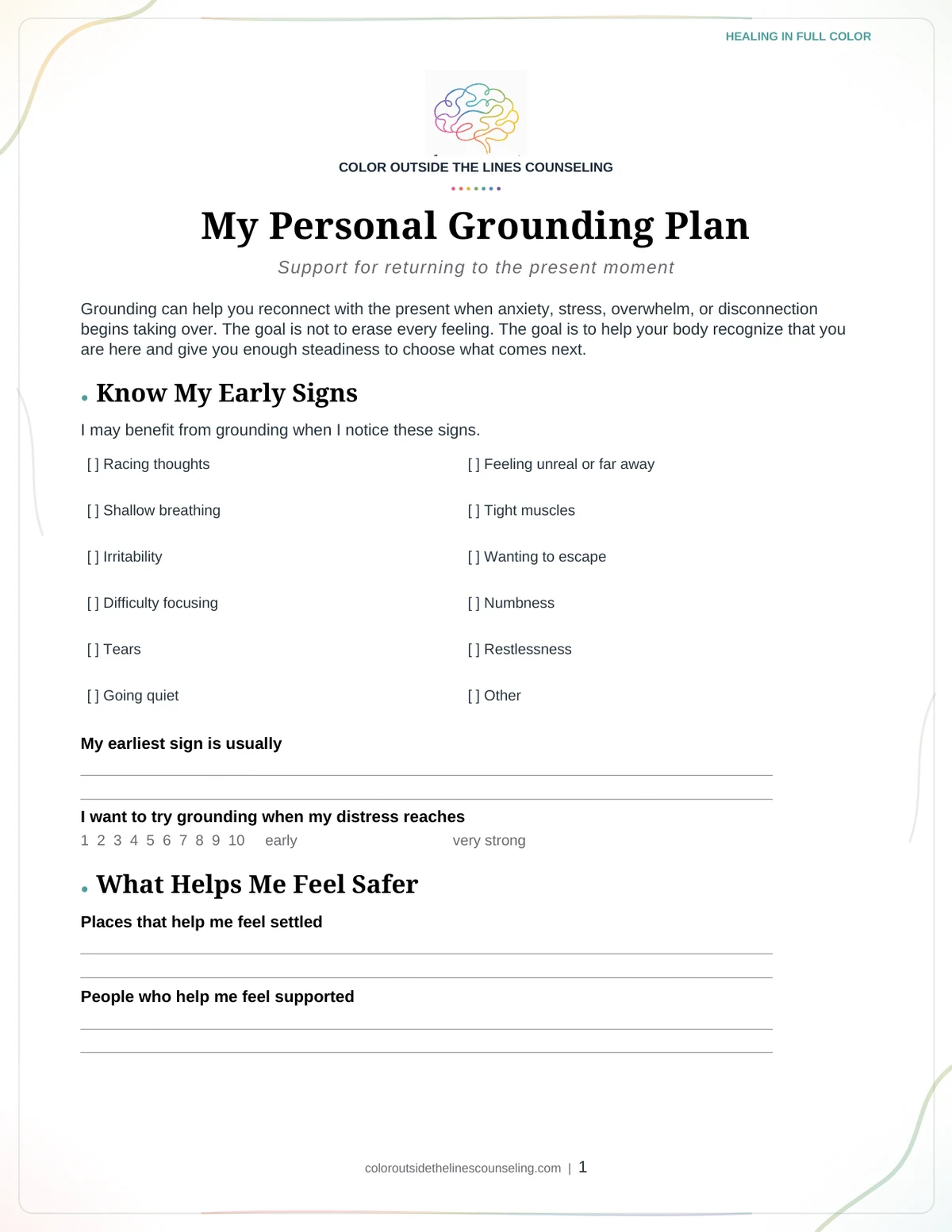 Page one of the My Personal Grounding Plan worksheet, showing the practice name, the title, and the first sections with space to write.