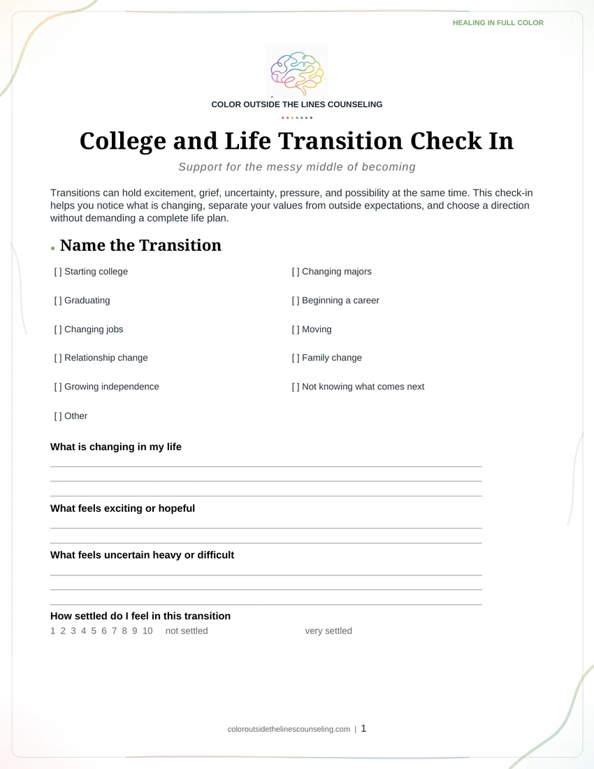 The first page of the College and Life Transition Check-In worksheet