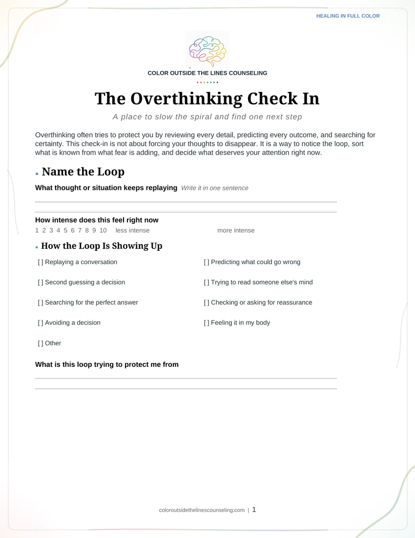 The first page of the The Overthinking Check-In worksheet