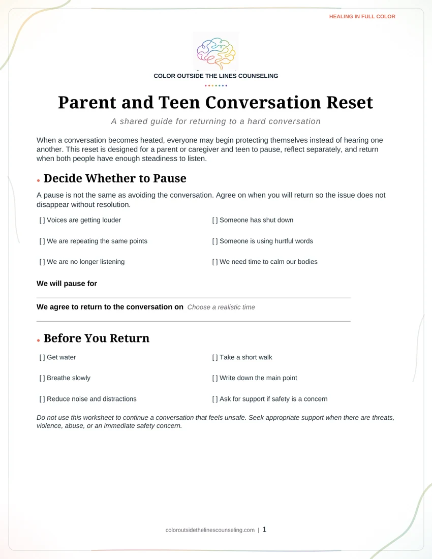 The first page of the Parent and Teen Conversation Reset worksheet