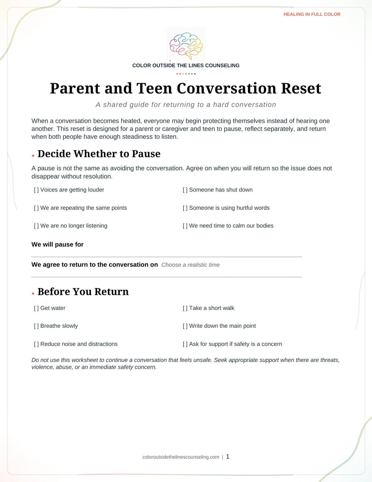 Page one of the Parent and Teen Conversation Reset worksheet, showing the practice name, the title, and the first sections with space to write.
