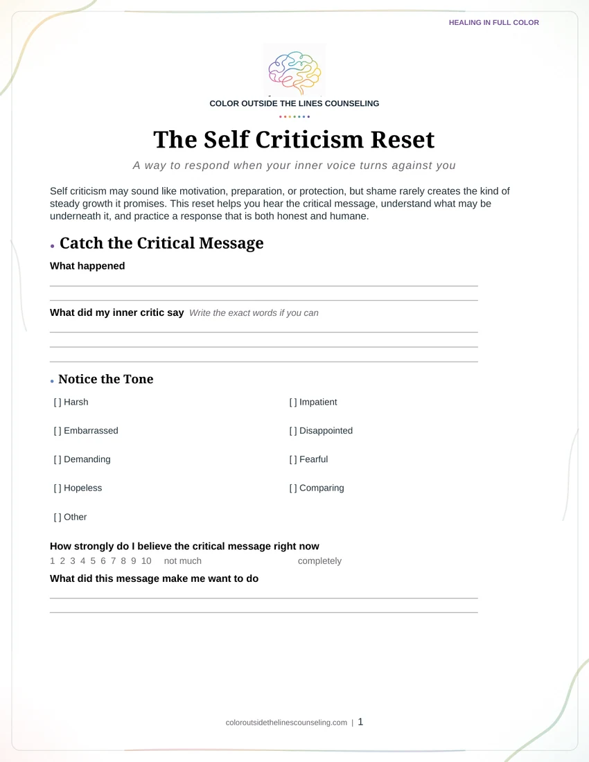 The first page of the The Self-Criticism Reset worksheet